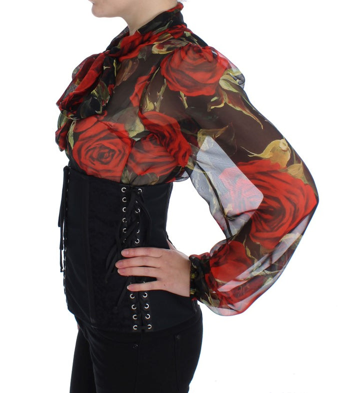 Elegant black corset belt made of floral brocade
