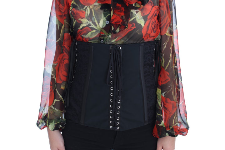 Elegant black corset belt made of floral brocade