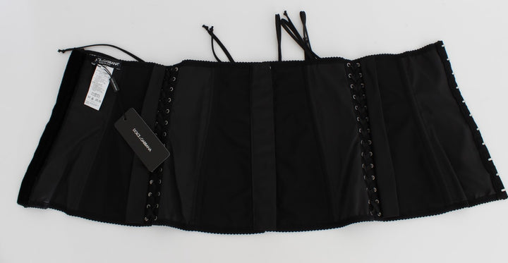 Elegant black corset belt made of floral brocade