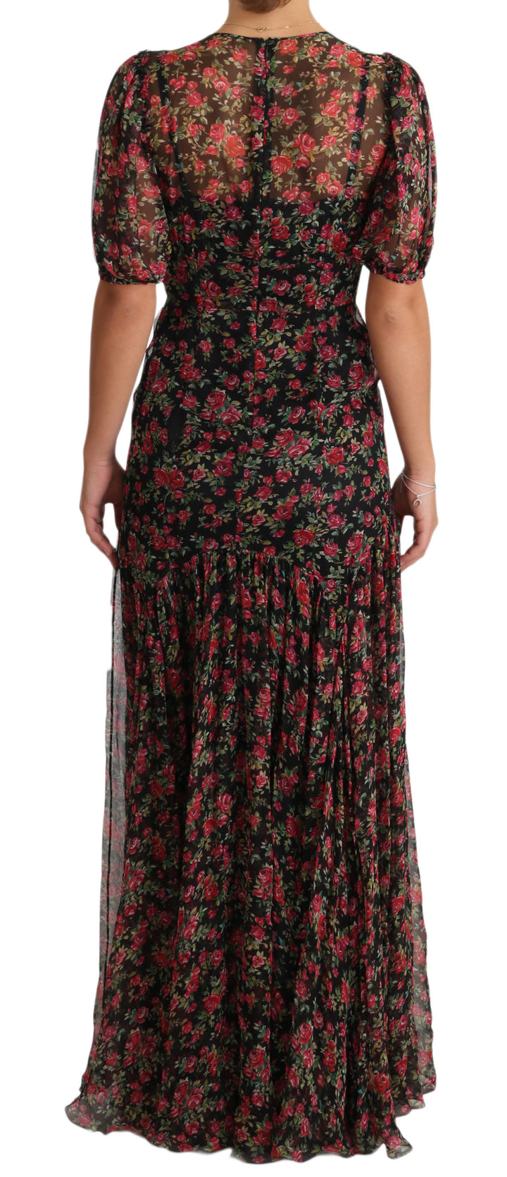 Elegant Black Silk Floral A-Line Dress