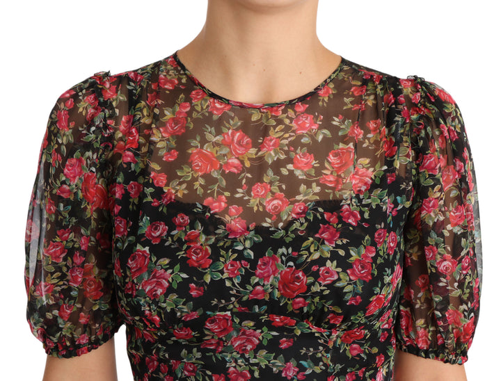 Elegant Black Silk Floral A-Line Dress
