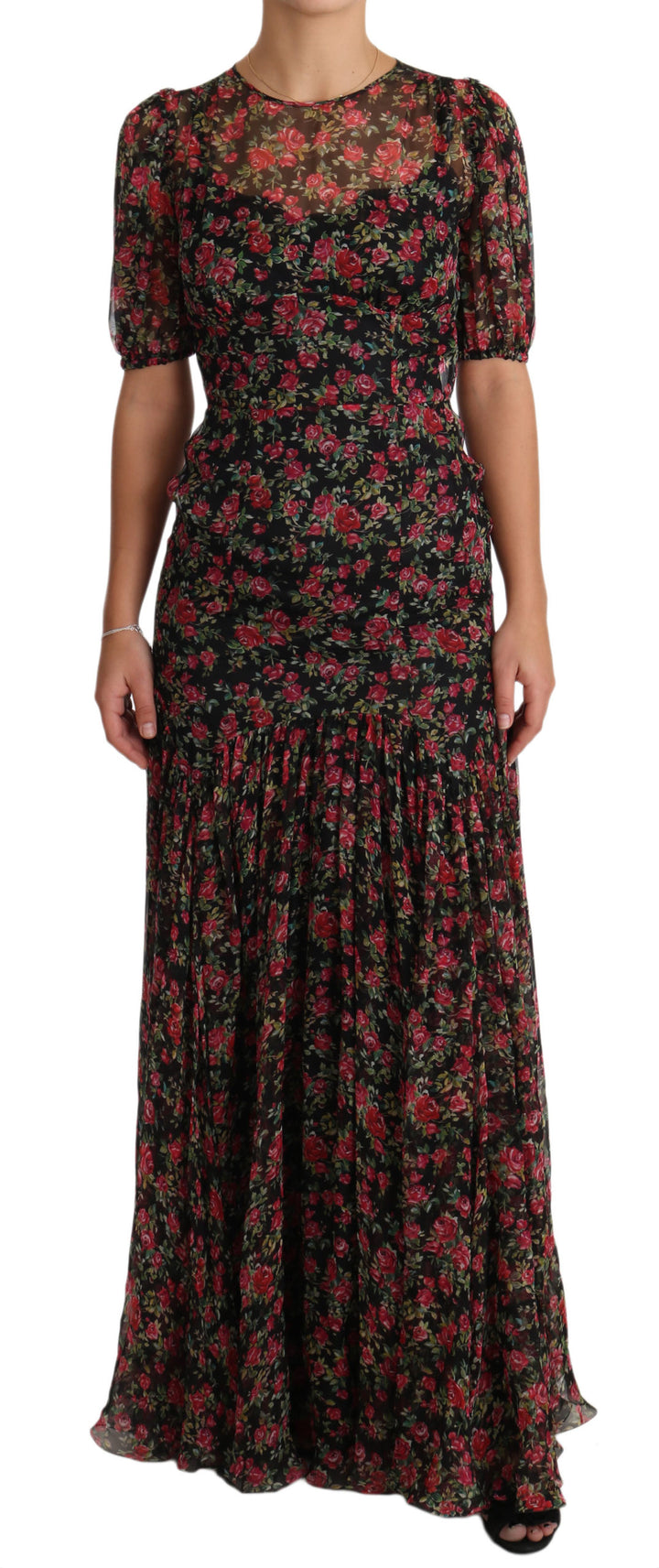 Elegant Black Silk Floral A-Line Dress