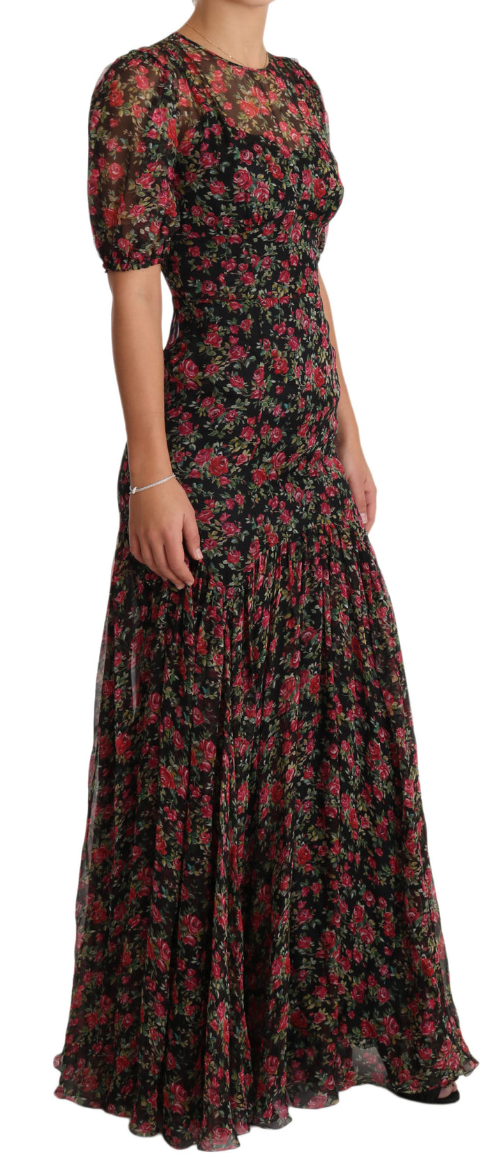 Elegant Black Silk Floral A-Line Dress