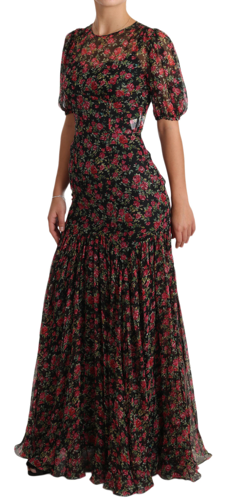 Elegant Black Silk Floral A-Line Dress