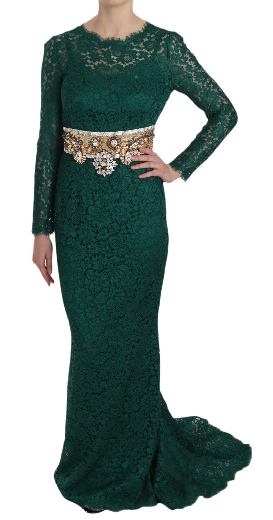 Dolce & Gabbana Emerald Elegance Langärmeliges bodenlanges Kleid