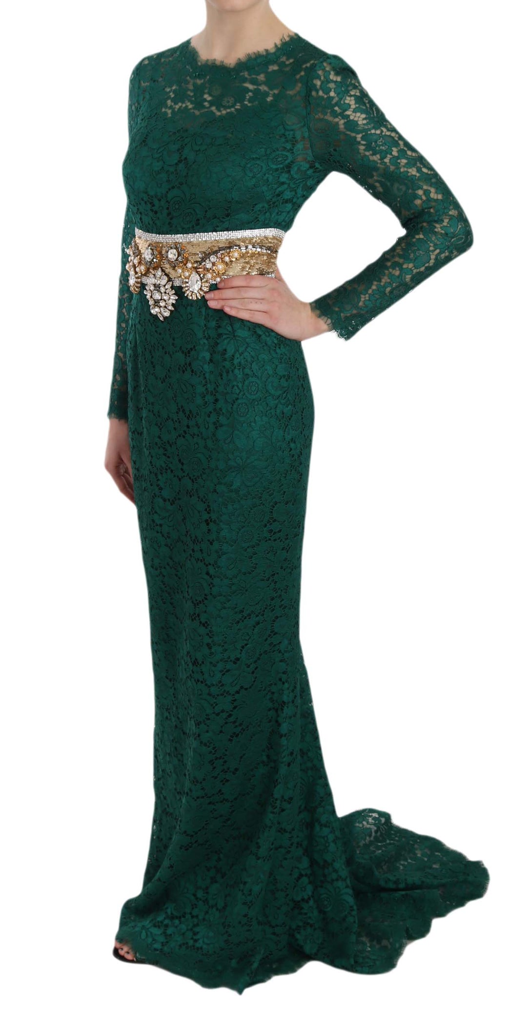 Dolce & Gabbana Emerald Elegance Langärmeliges bodenlanges Kleid