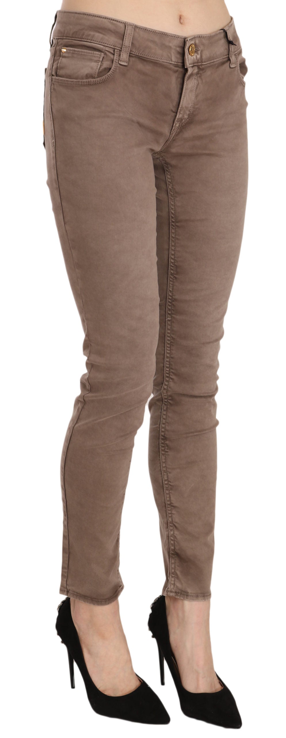 Braune Slim Fit Skinny-Hose mit niedriger Taille
