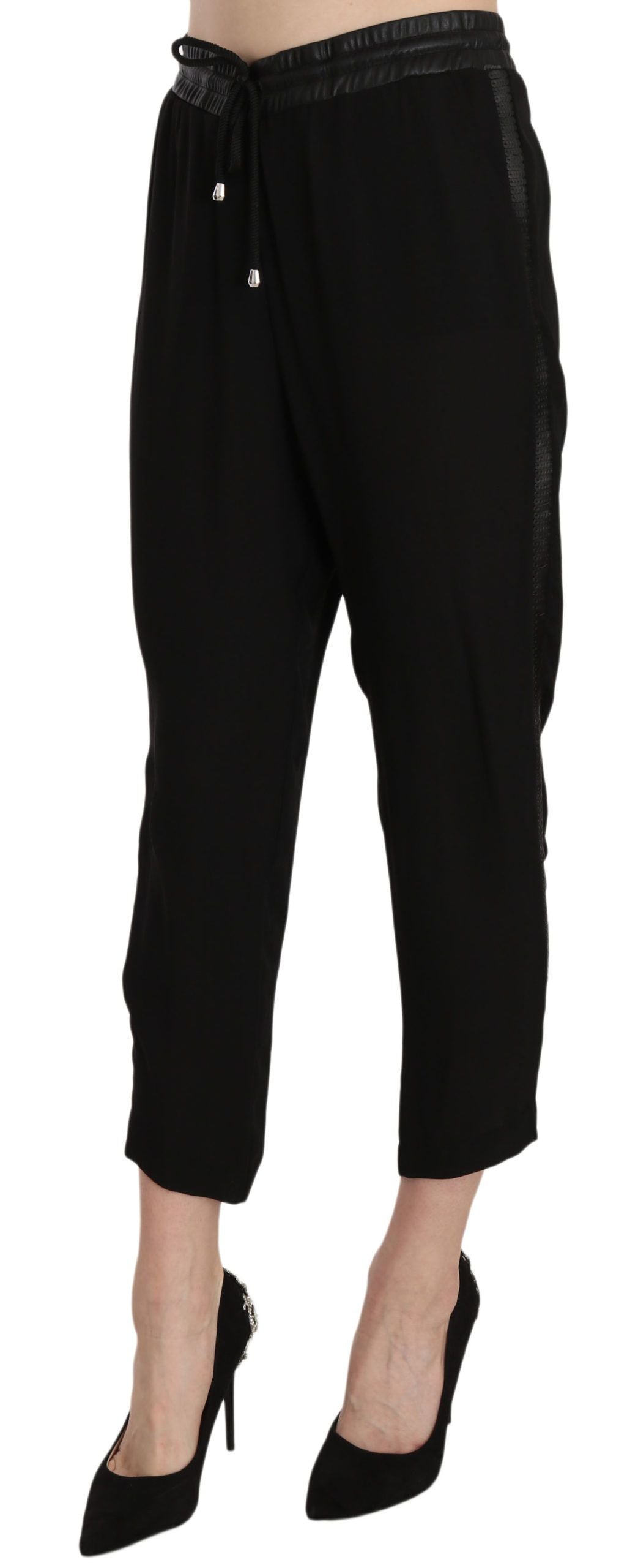 Schwarze Polyesterhose mit hoher Taille und verkürzter Hose