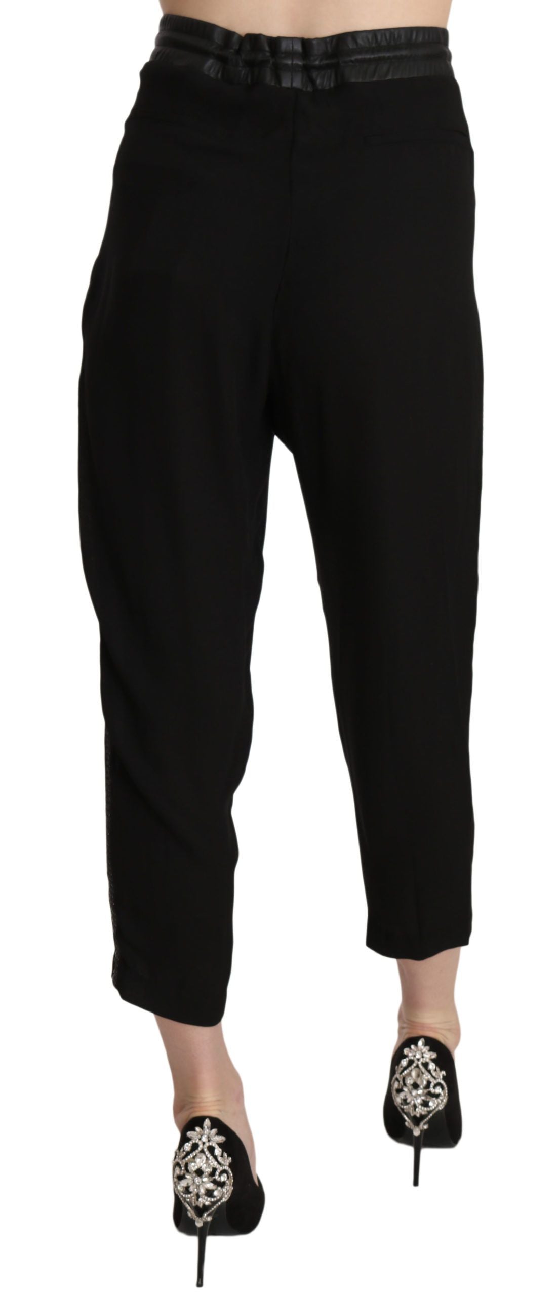Schwarze Polyesterhose mit hoher Taille und verkürzter Hose