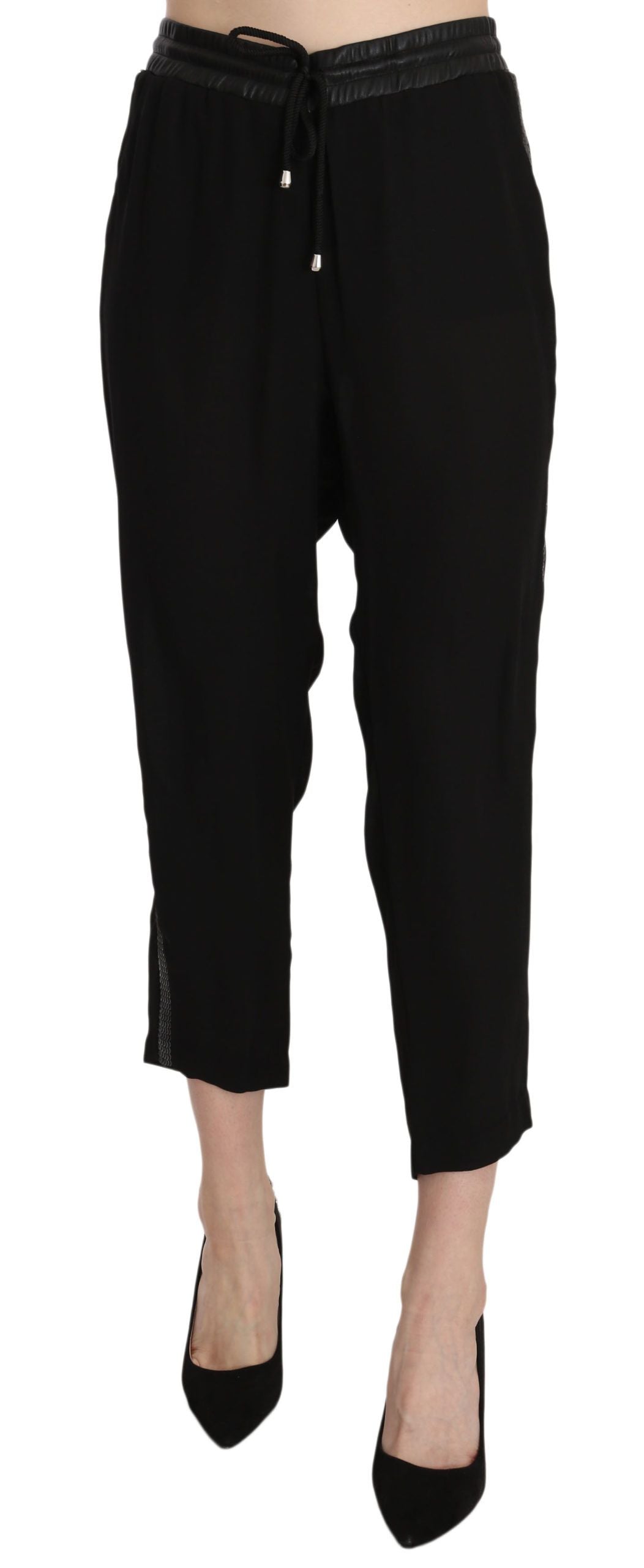 Schwarze Polyesterhose mit hoher Taille und verkürzter Hose