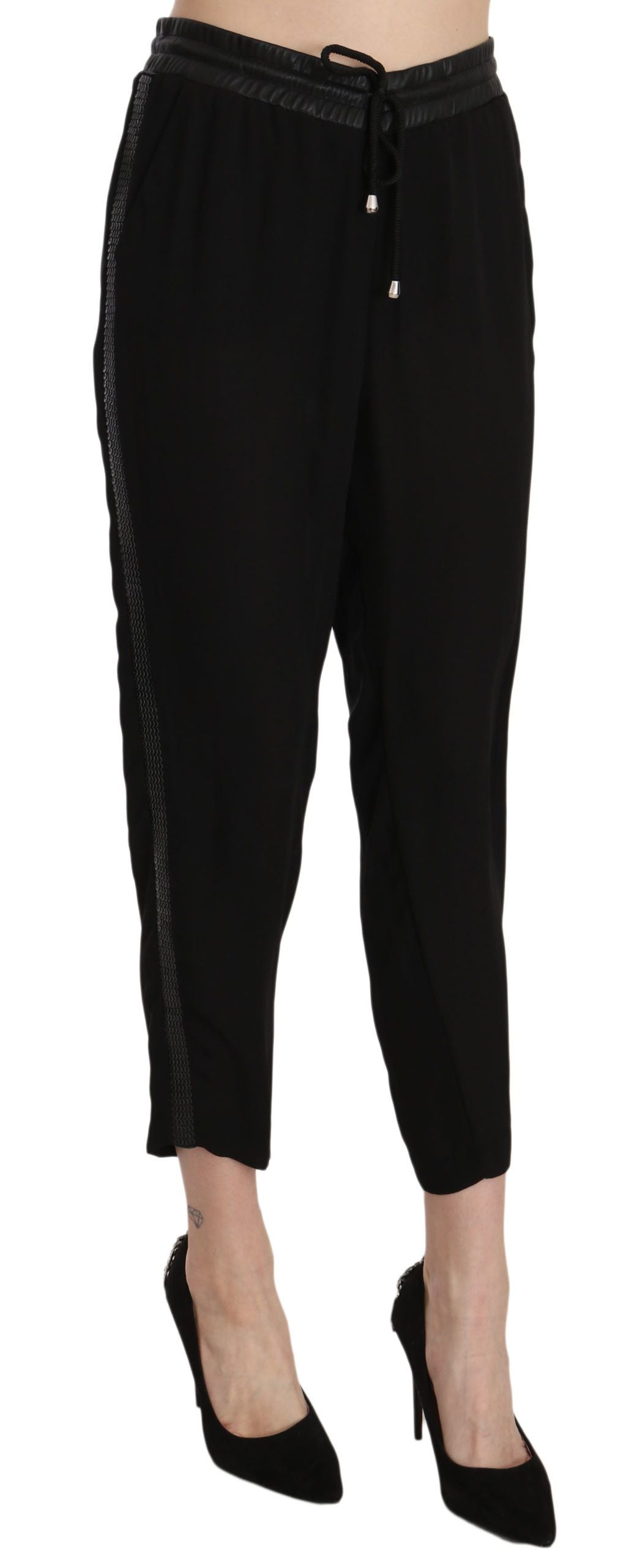 Schwarze Polyesterhose mit hoher Taille und verkürzter Hose