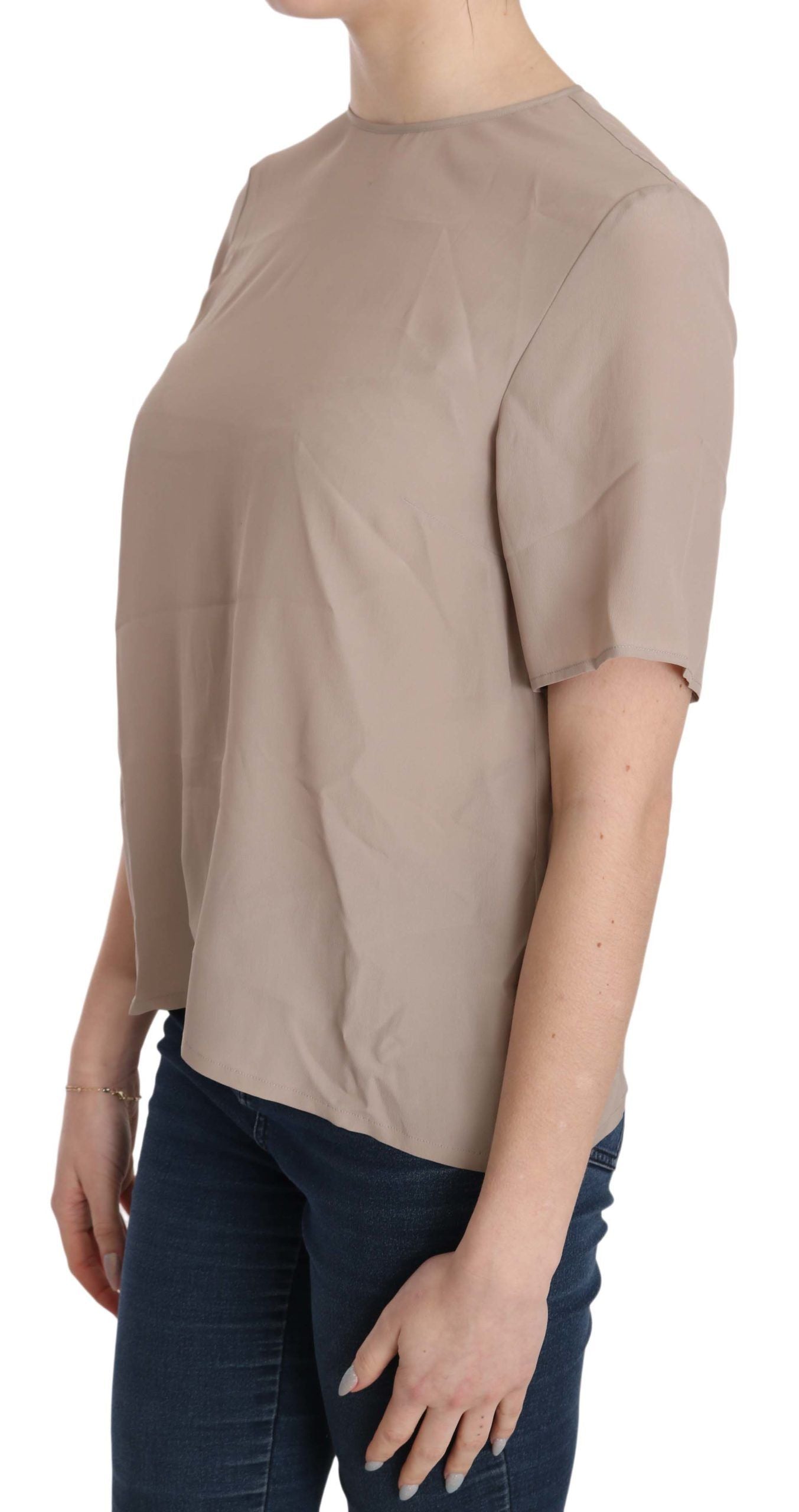 Elegant beige silk blend blouse with round neck