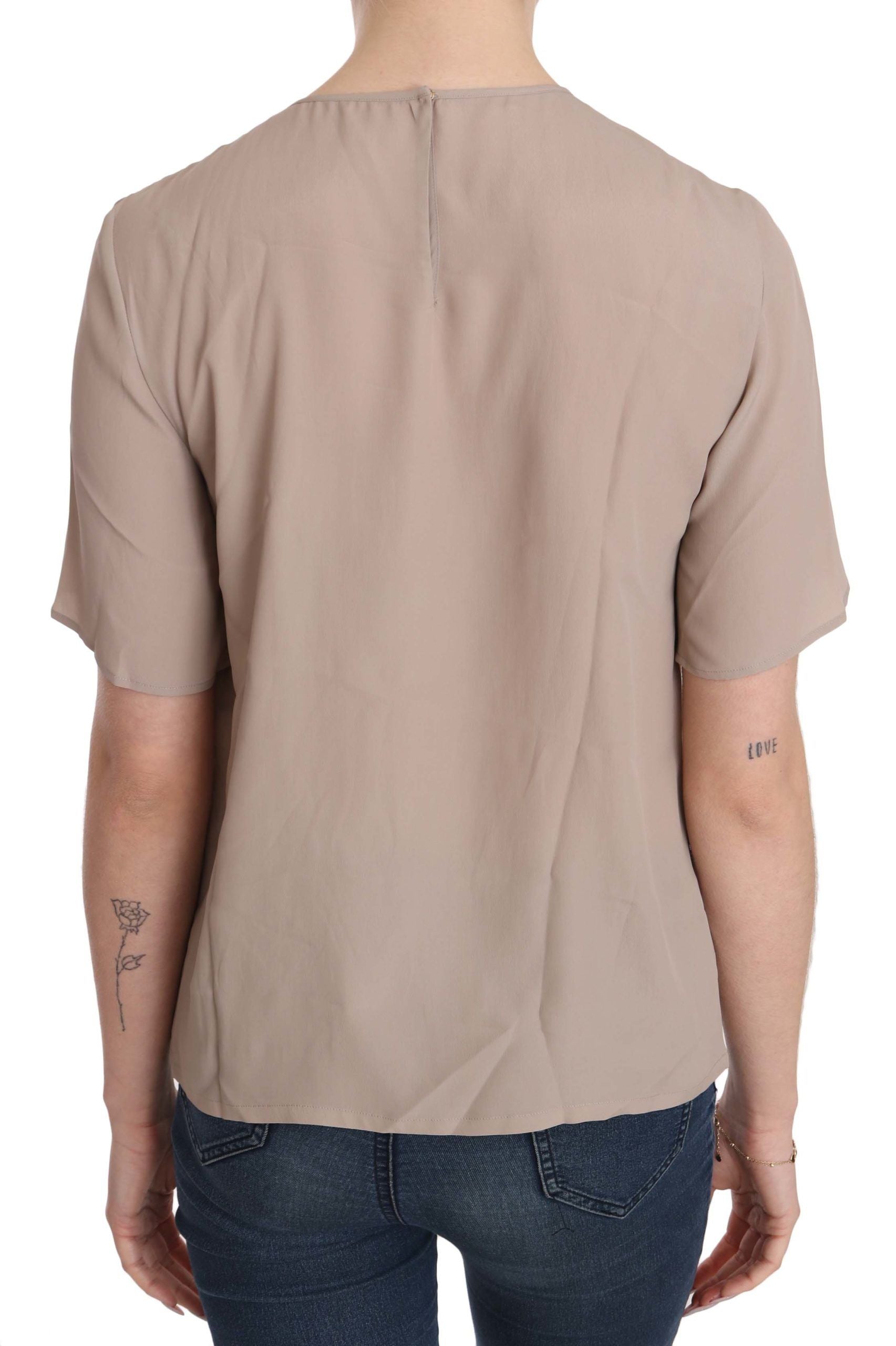 Elegant beige silk blend blouse with round neck