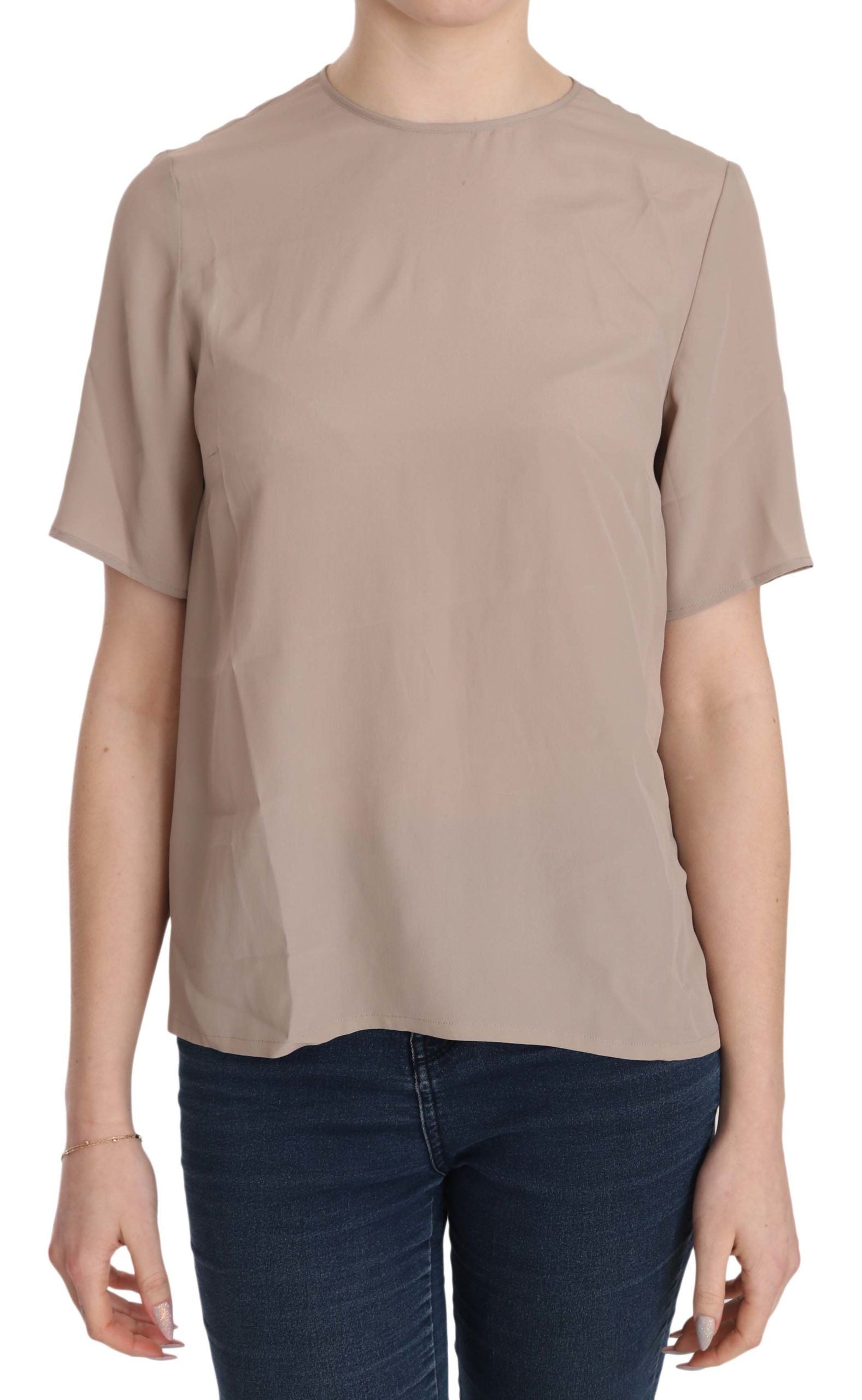 Elegant beige silk blend blouse with round neck