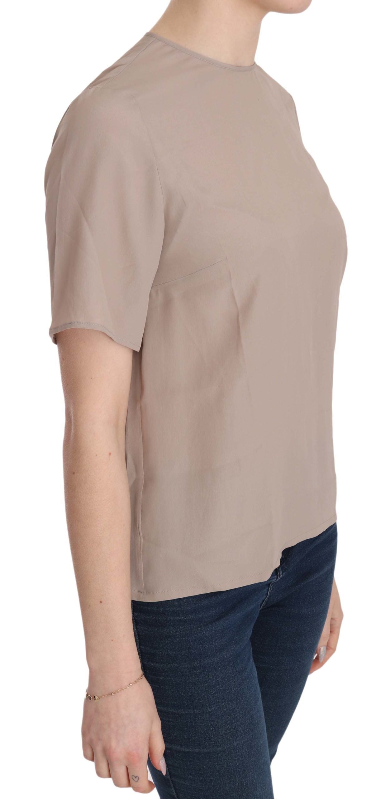 Elegant beige silk blend blouse with round neck