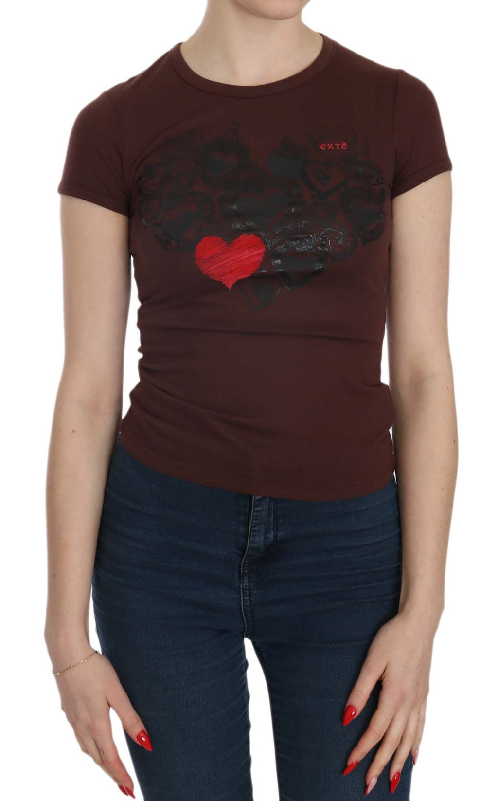 Chic brown blouse with round neck and hearts
