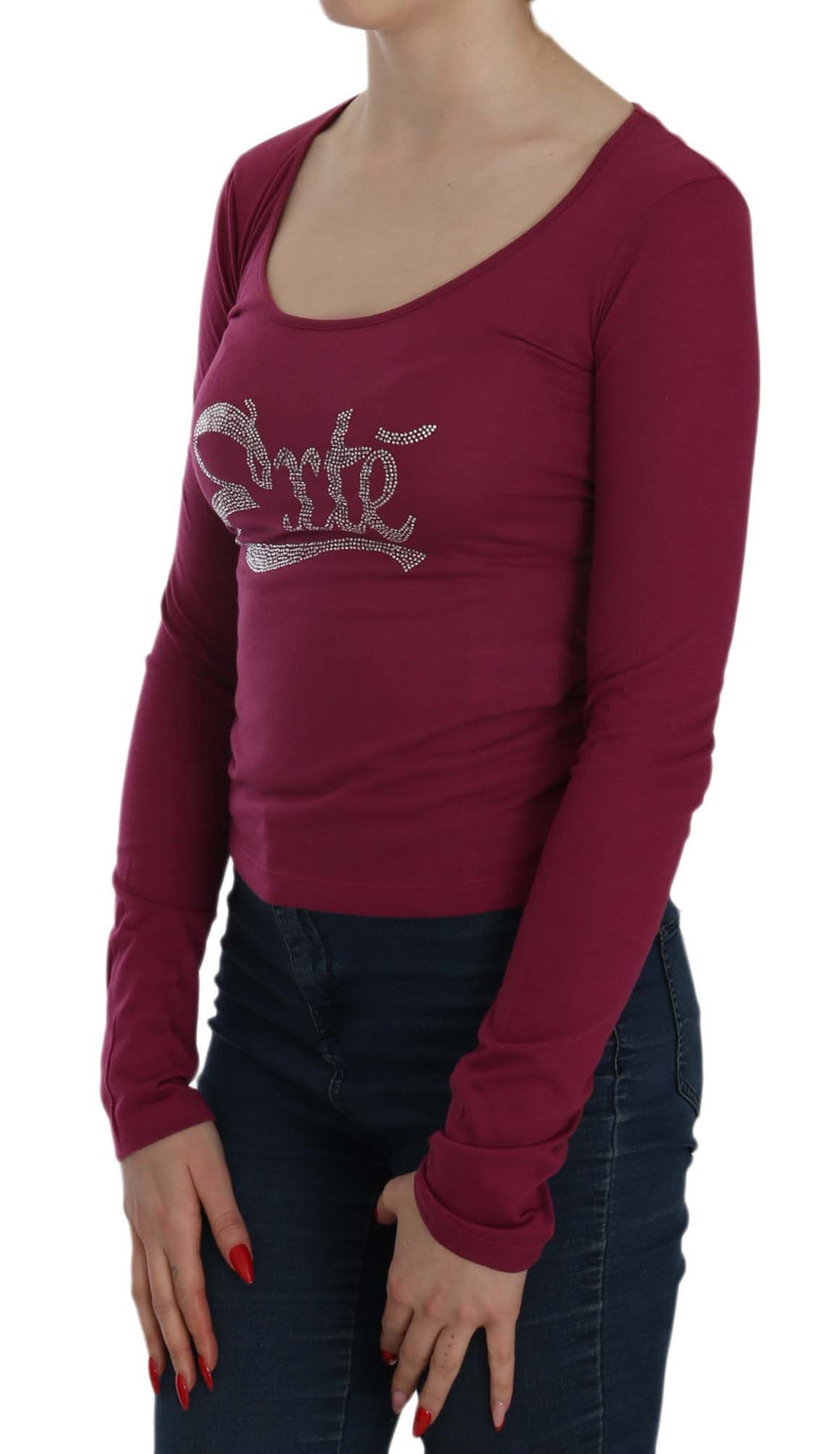 Fuchsia crystal-embellished scoop-neck blouse