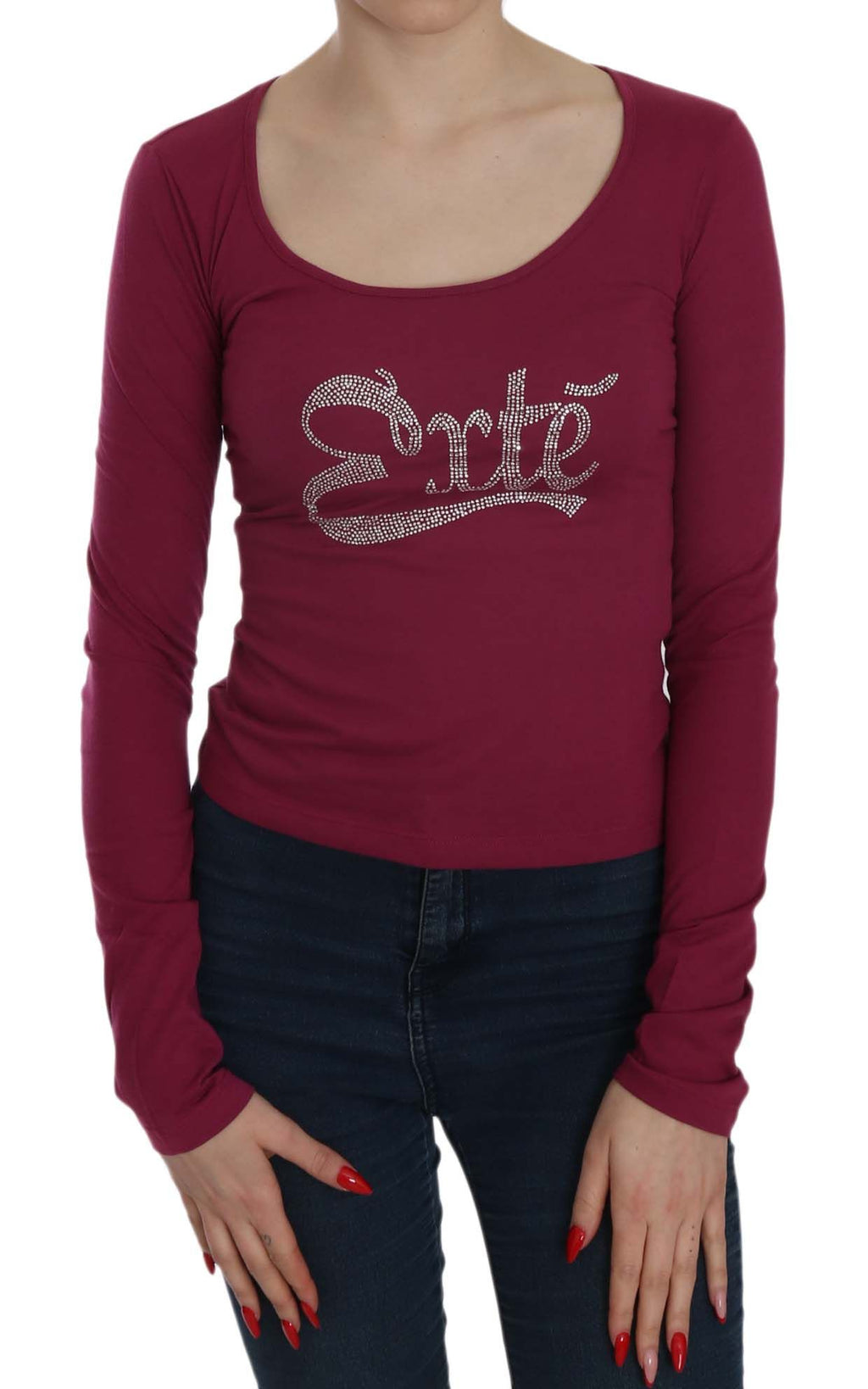 Fuchsia crystal-embellished scoop-neck blouse