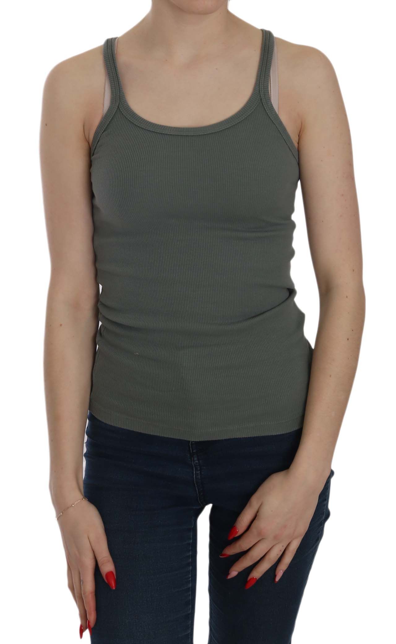 Elegant sleeveless cotton blouse with round neck green