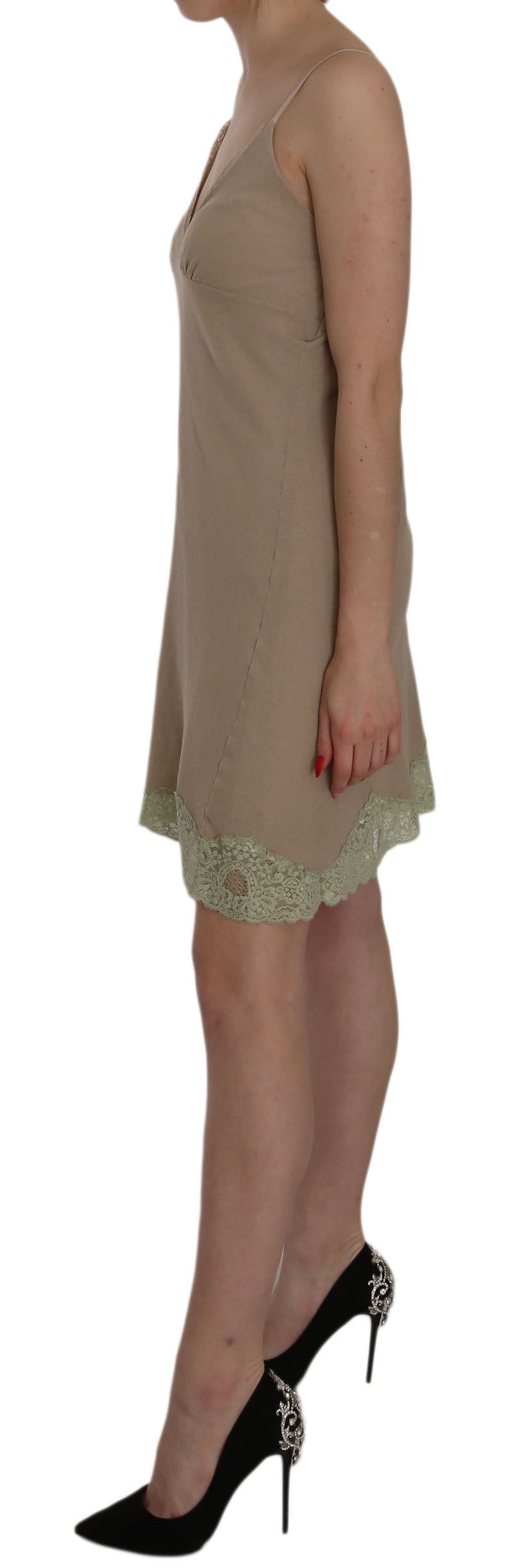 Elegant beige spaghetti strap lace mini dress
