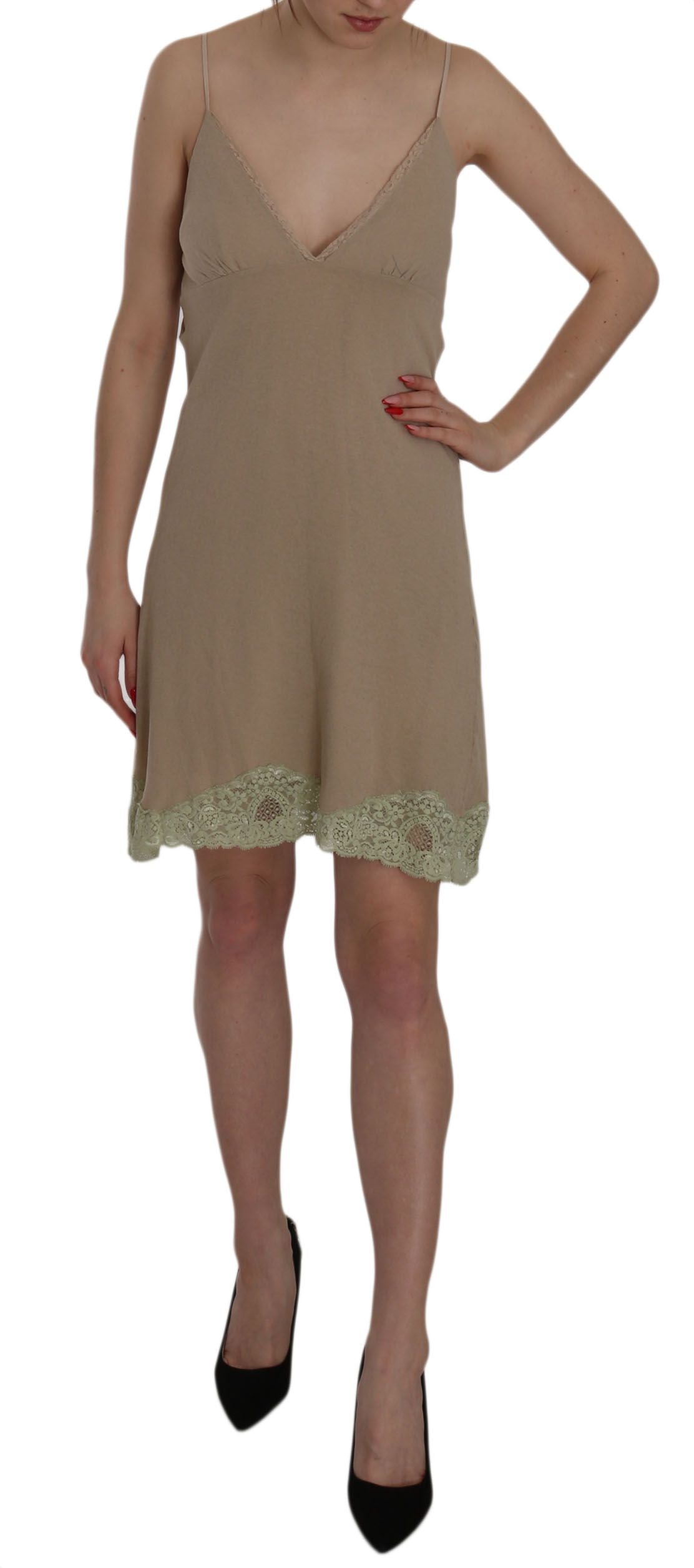 Elegant beige spaghetti strap lace mini dress