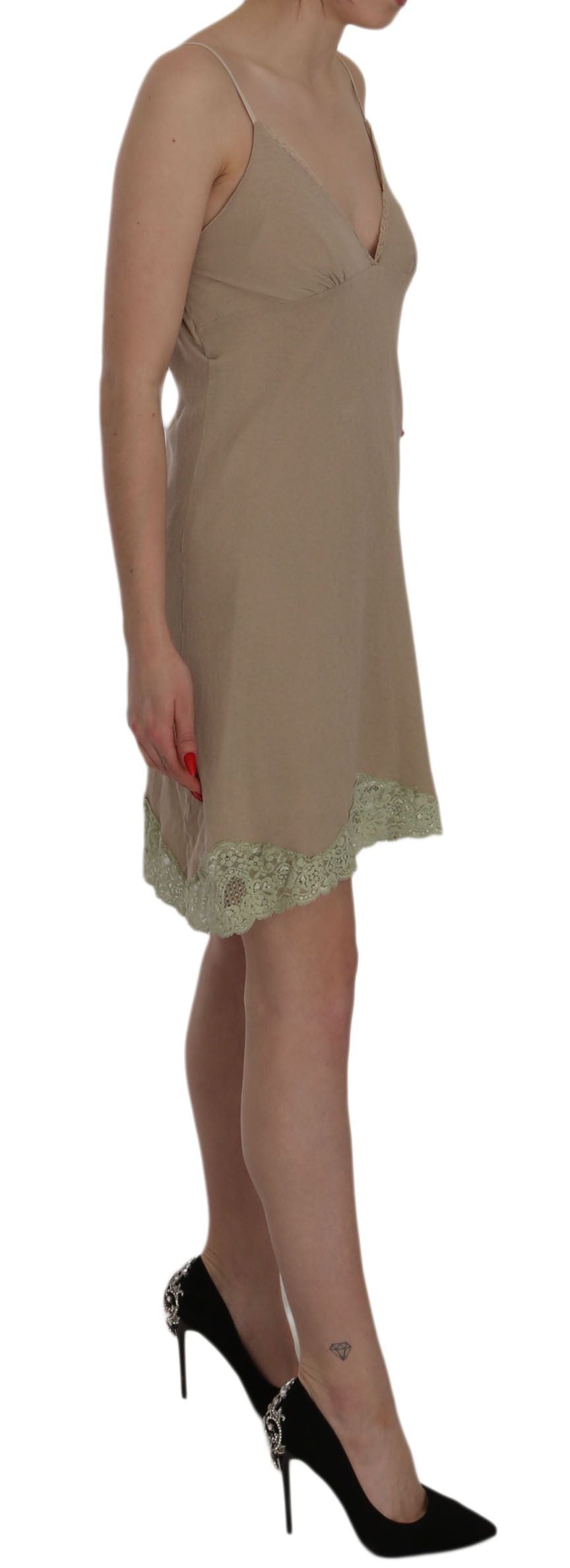 Elegant beige spaghetti strap lace mini dress