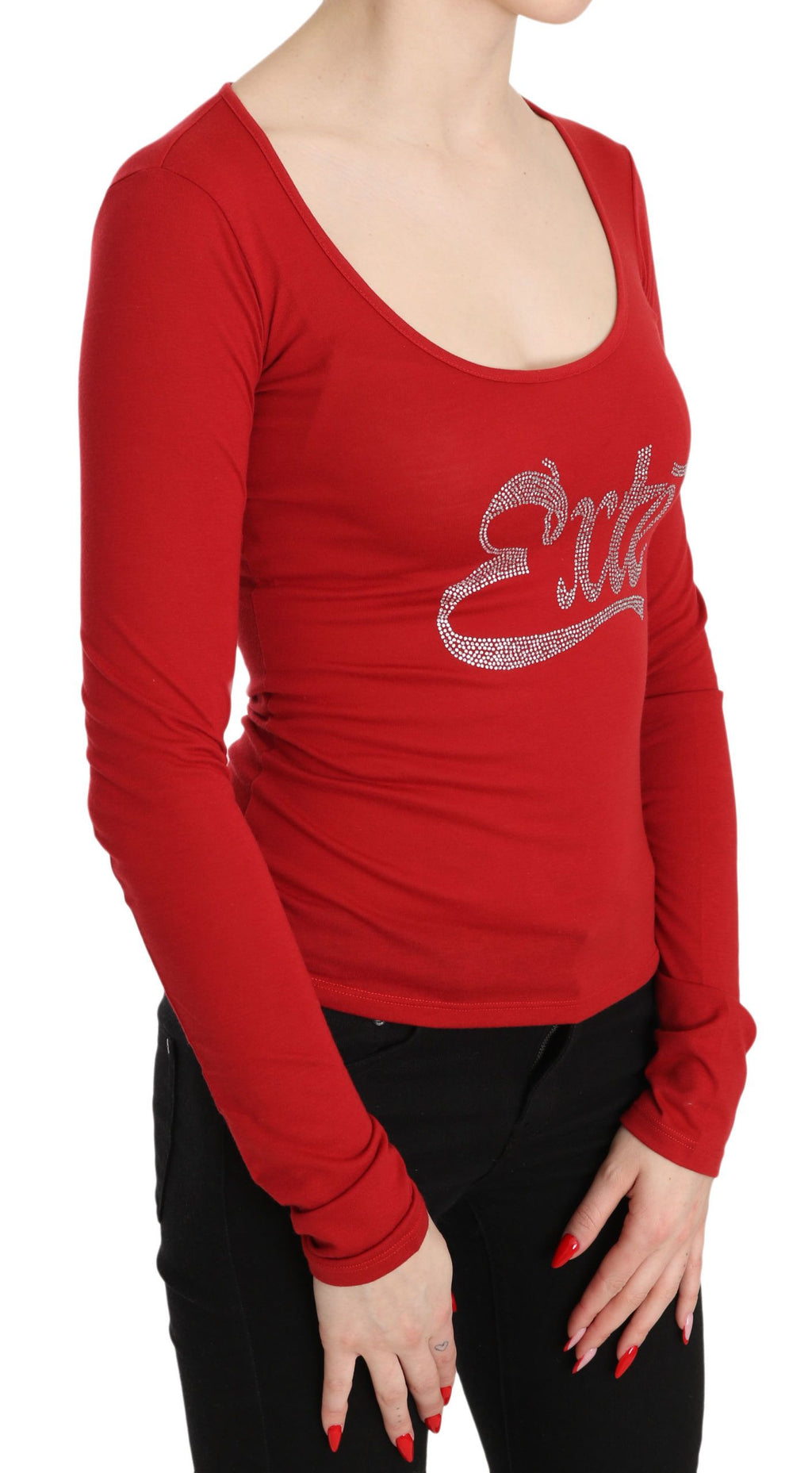Red crystal-embellished long-sleeved top