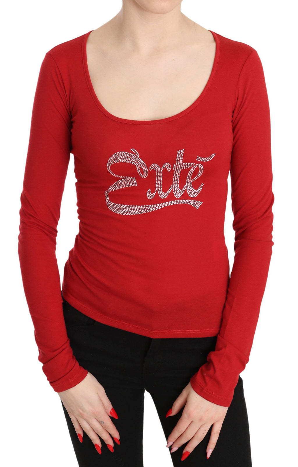 Red crystal-embellished long-sleeved top