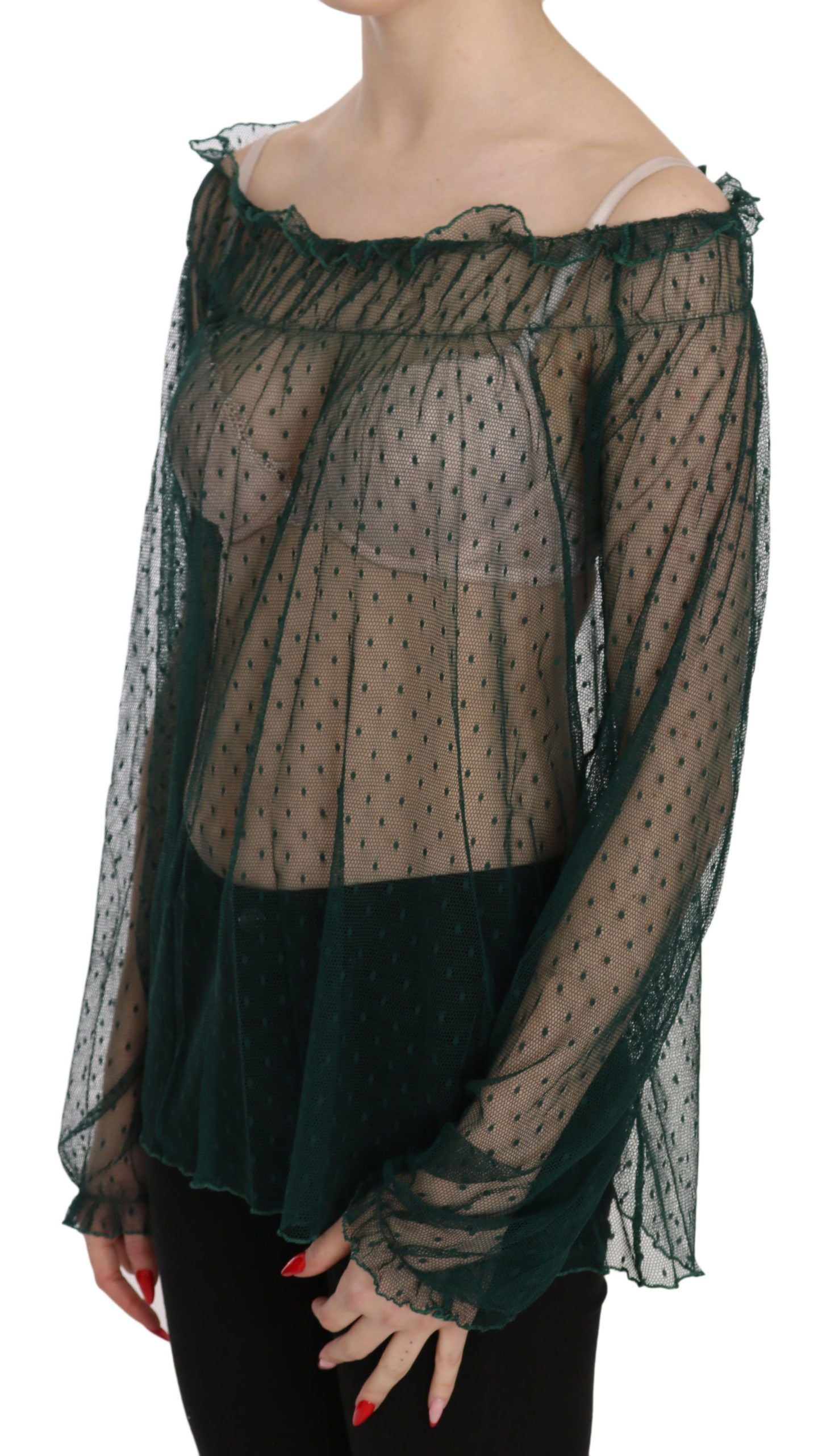 Elegant green mesh top with long sleeves