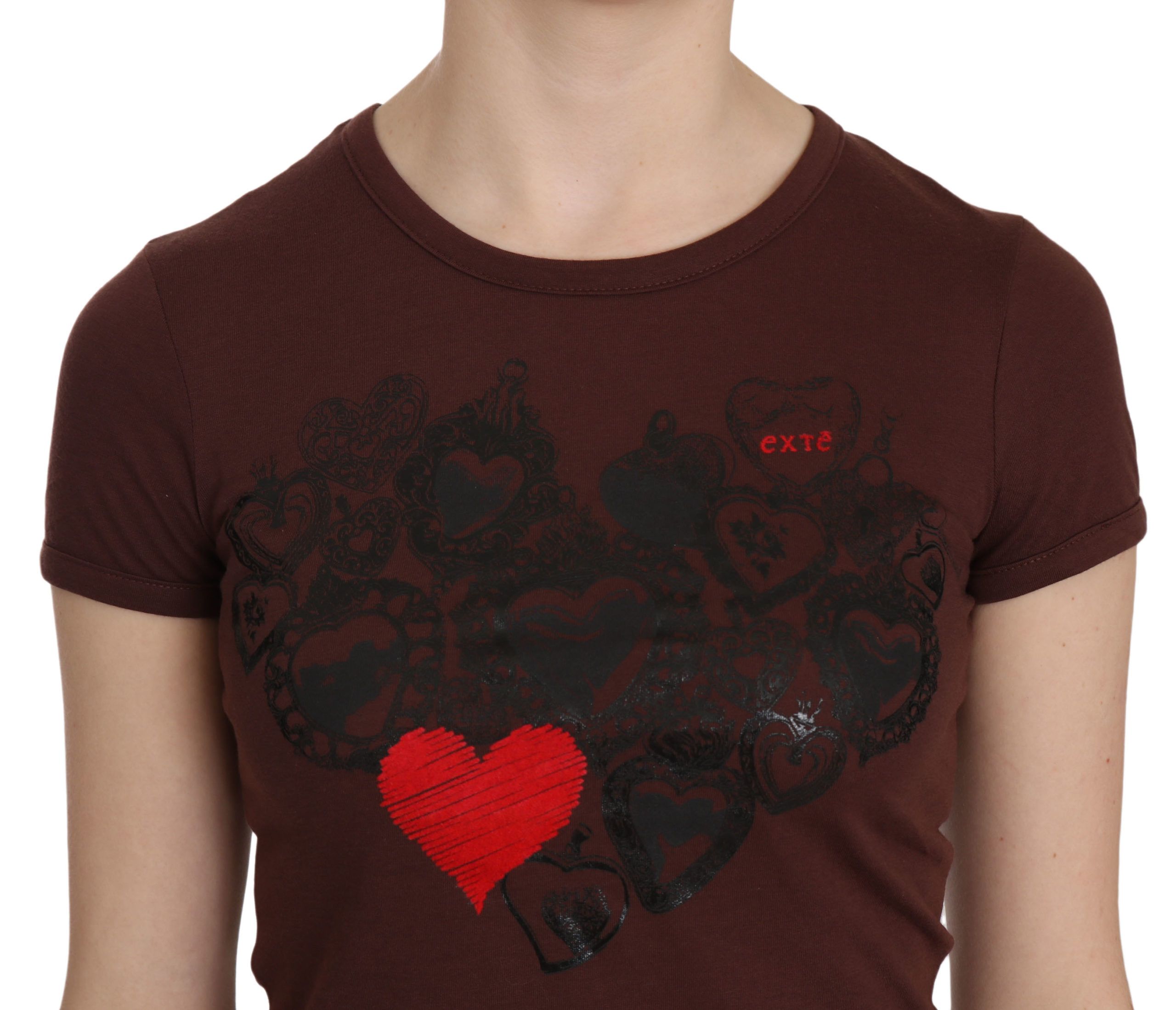 Braunes Herz Print Rundhals-T-Shirt Kurzarm-Bluse