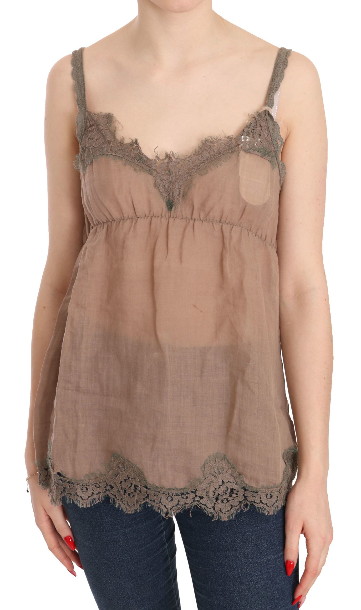 Elegant brown linen blouse with lace