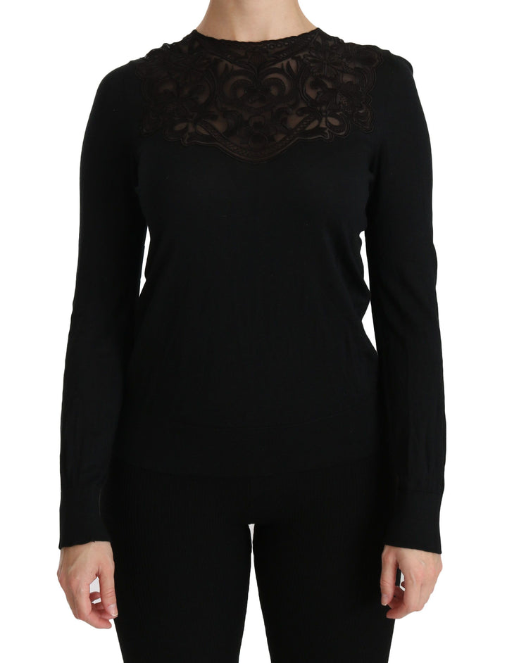 Elegante Bluse aus schwarzer Seidenmischung mit Spitze