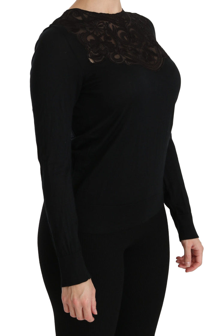 Elegante Bluse aus schwarzer Seidenmischung mit Spitze