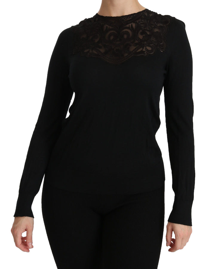 Elegante Bluse aus schwarzer Seidenmischung mit Spitze
