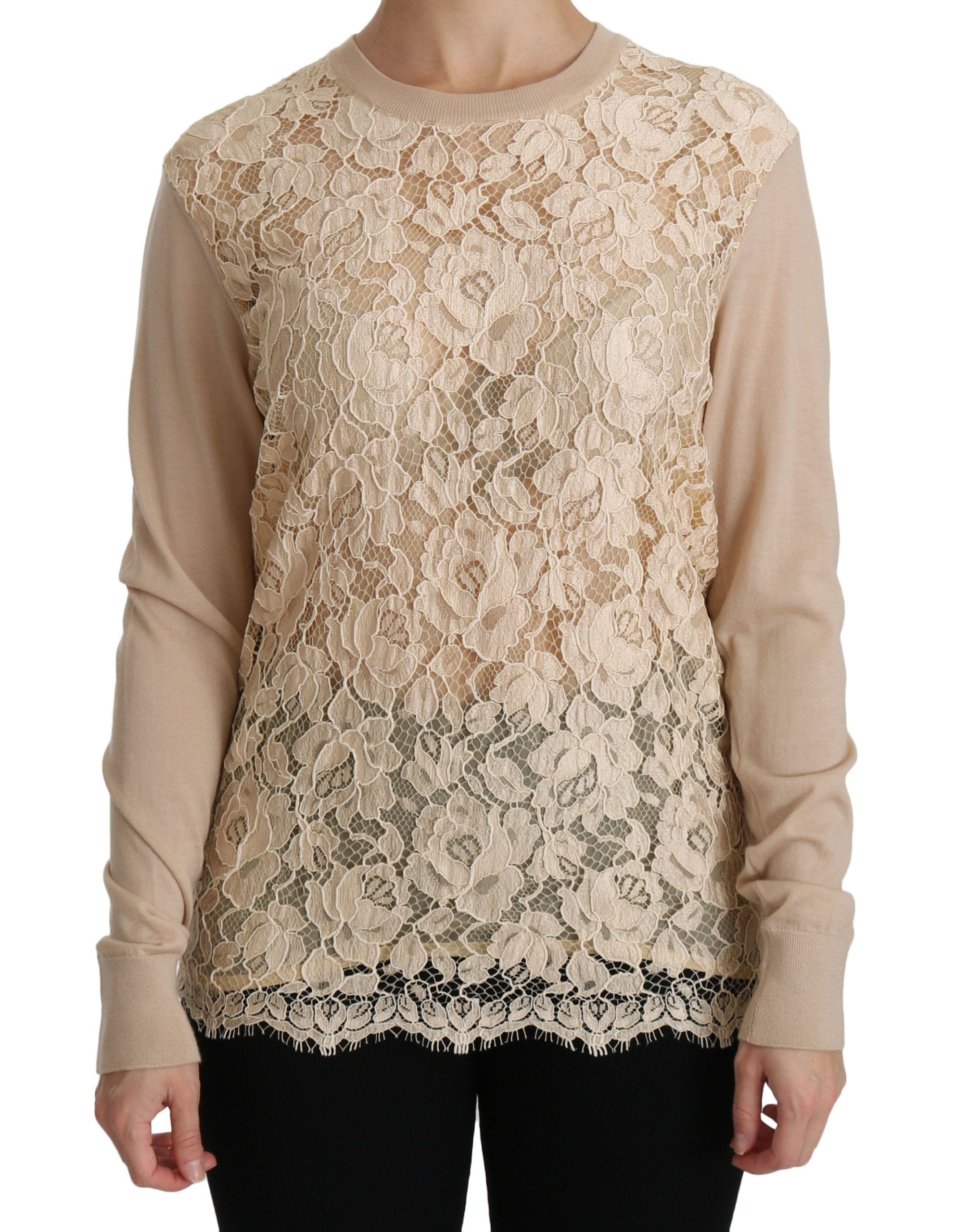 Elegant beige cashmere blouse with round neckline made of lace