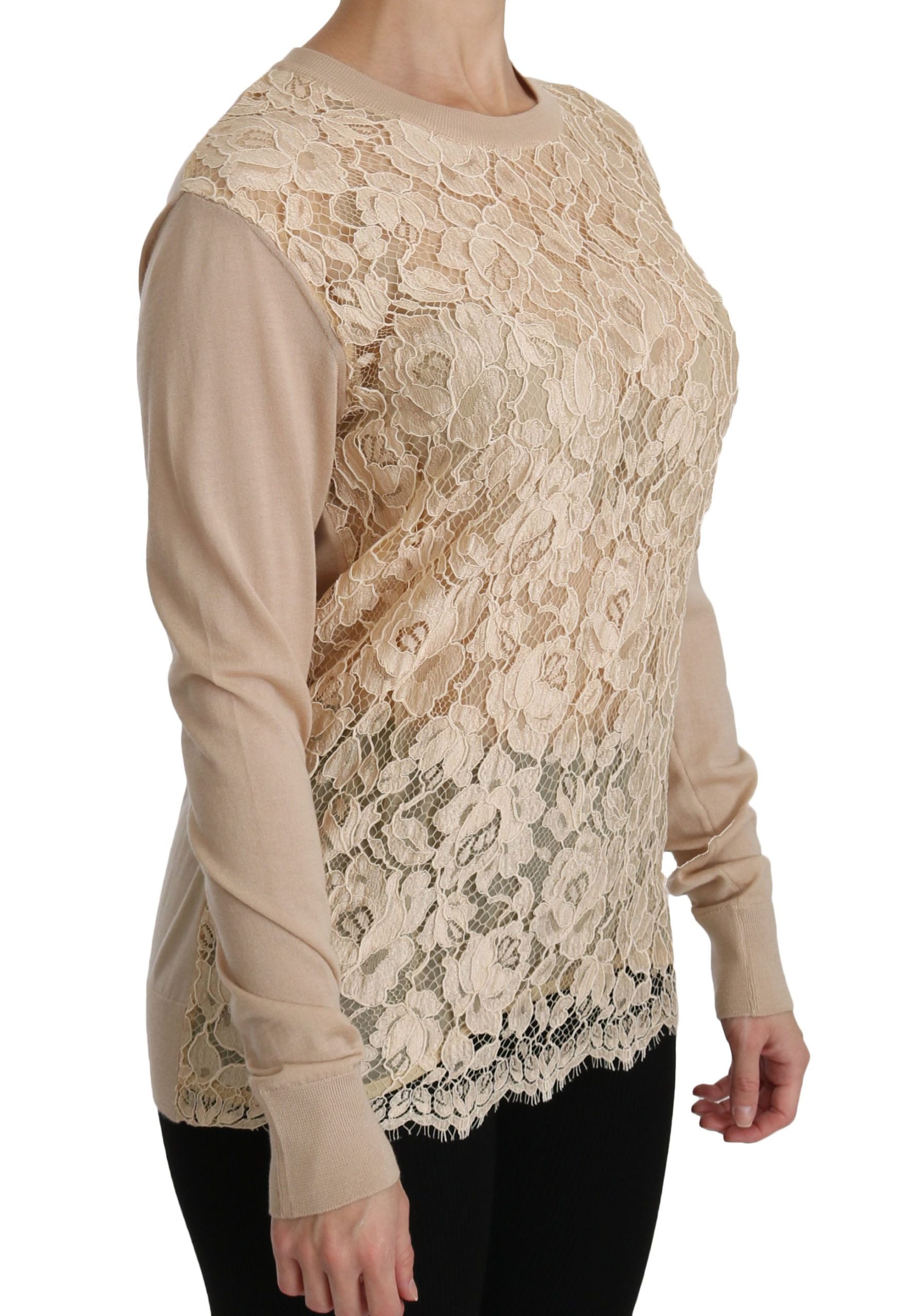 Elegant beige cashmere blouse with round neckline made of lace