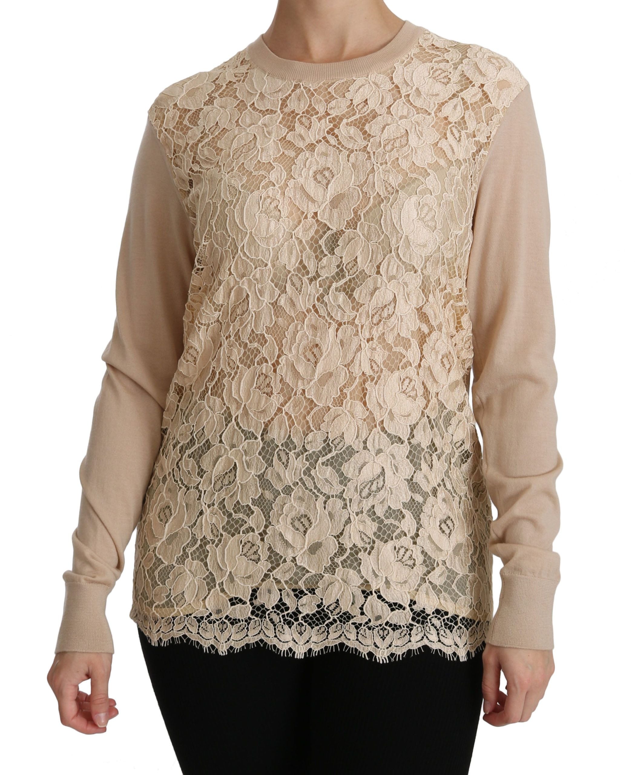Elegant beige cashmere blouse with round neckline made of lace