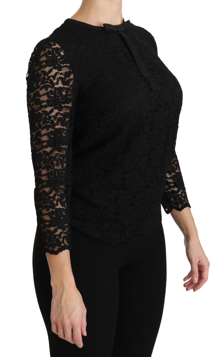 Elegante Schwarze Bluse mit Rundhalsausschnitt aus Spitze