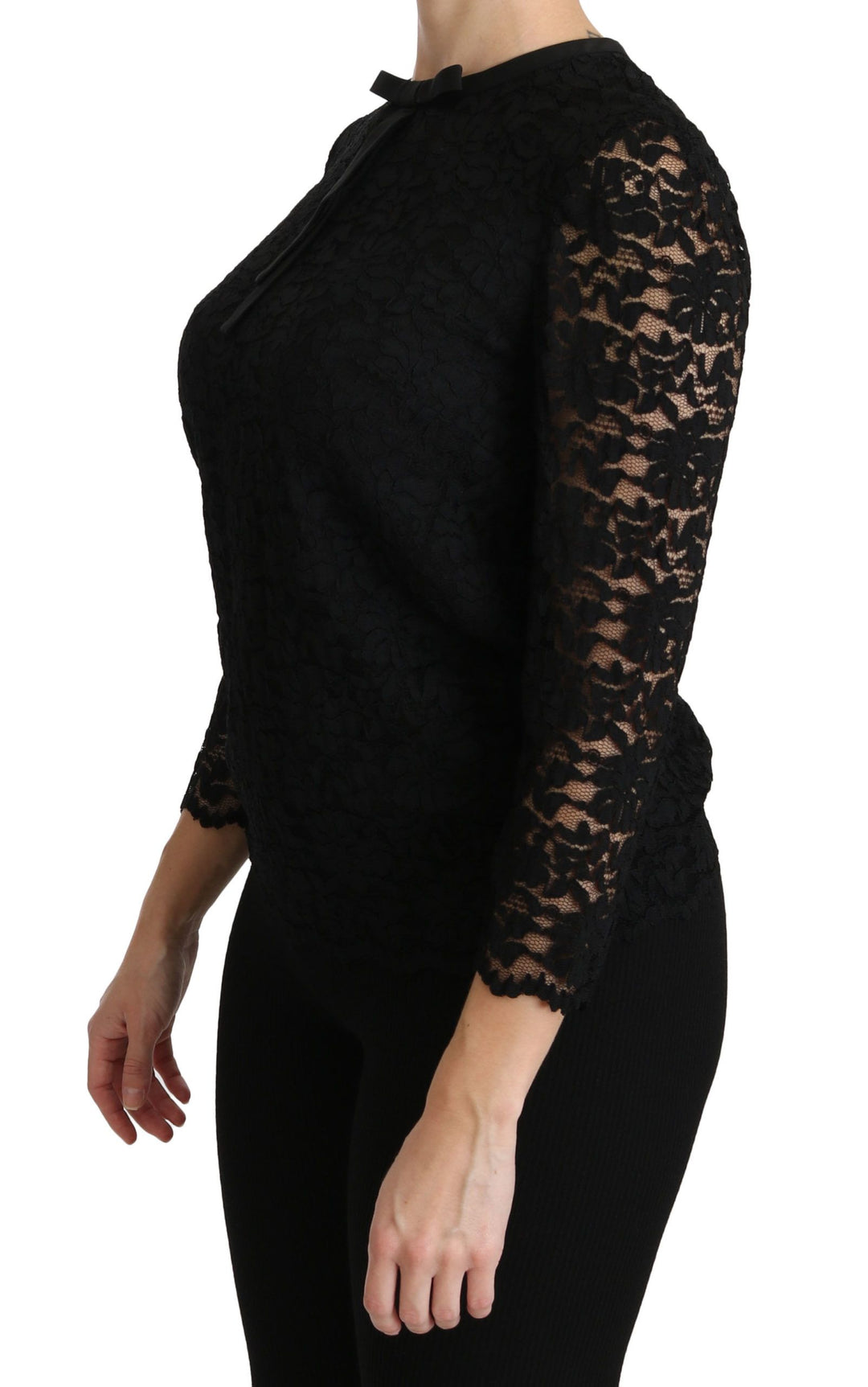 Elegante Schwarze Bluse mit Rundhalsausschnitt aus Spitze