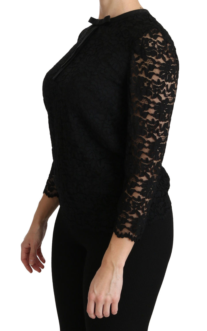 Elegante Schwarze Bluse mit Rundhalsausschnitt aus Spitze