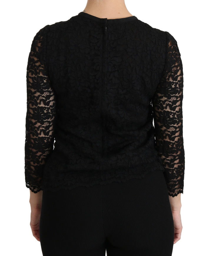Elegante Schwarze Bluse mit Rundhalsausschnitt aus Spitze