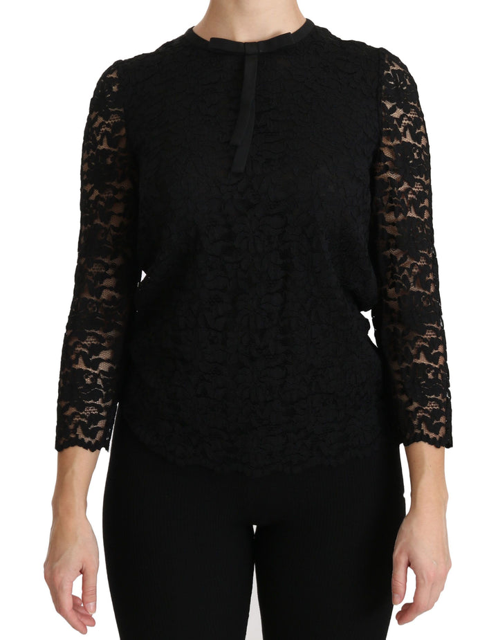 Elegante Schwarze Bluse mit Rundhalsausschnitt aus Spitze