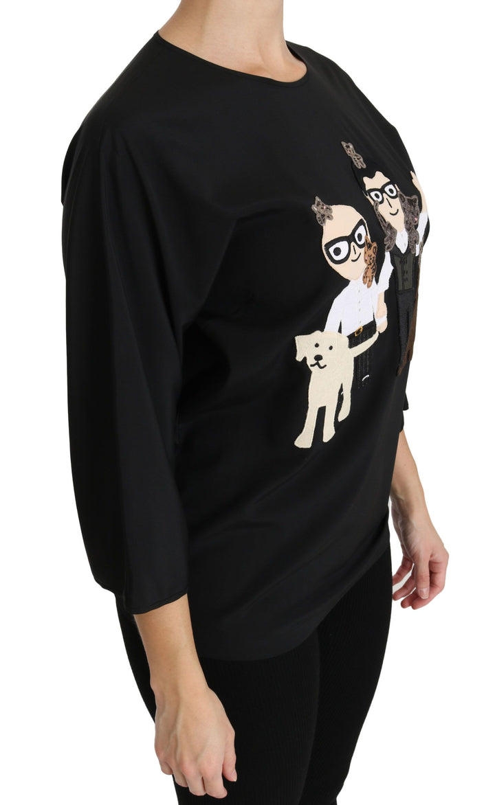 Elegantes Schwarzes Seidenstretch-Top mit Stickerei