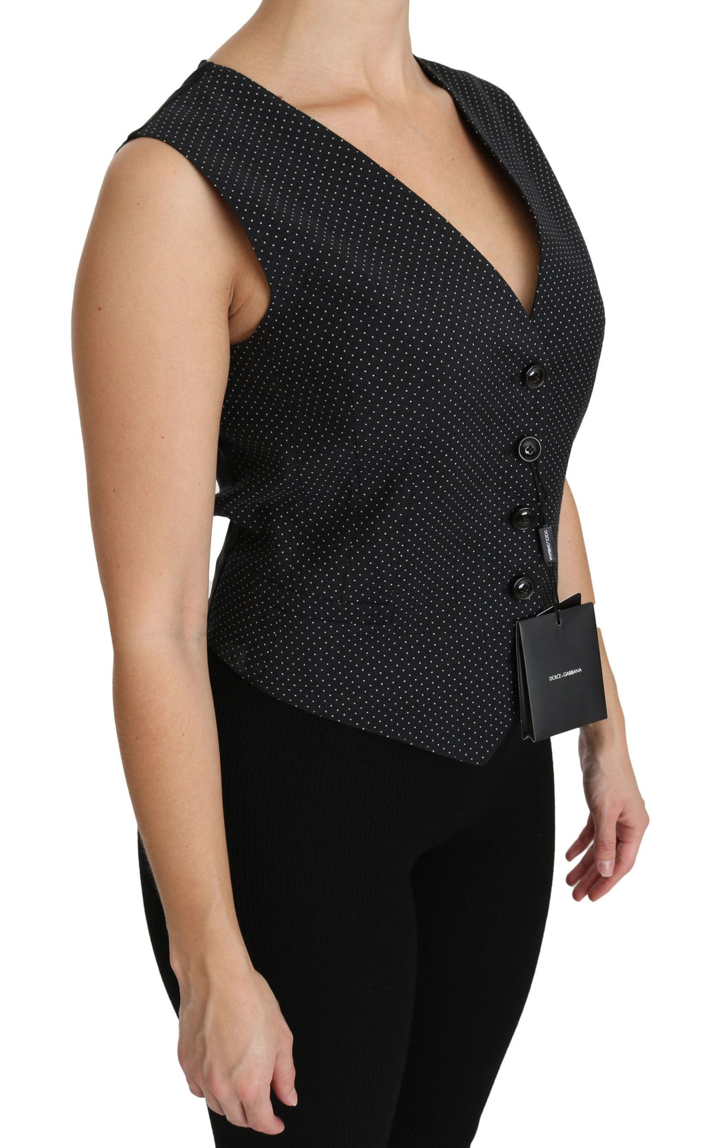 Chic black polka dot sleeveless wool blend vest