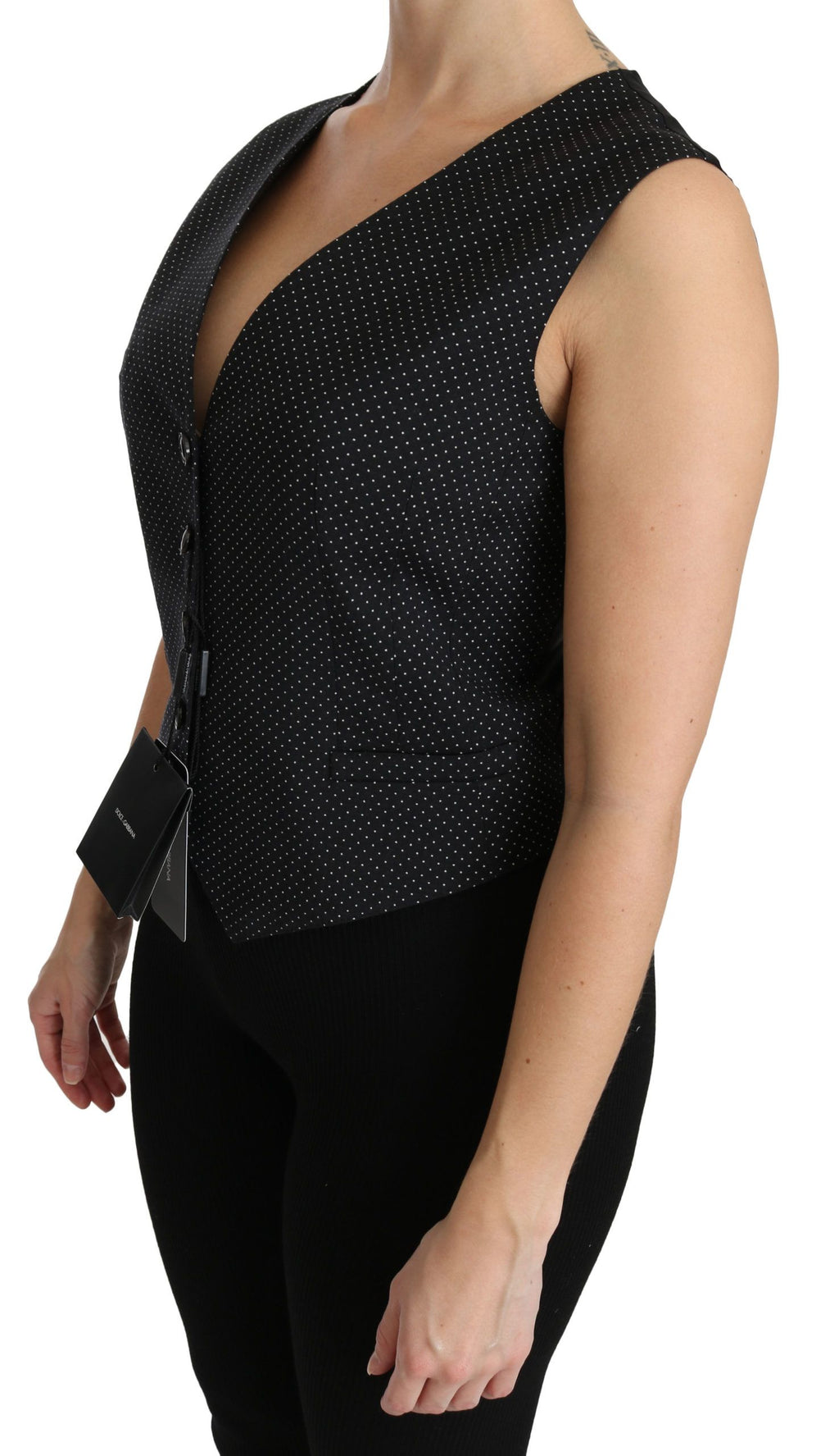 Chic black polka dot sleeveless wool blend vest