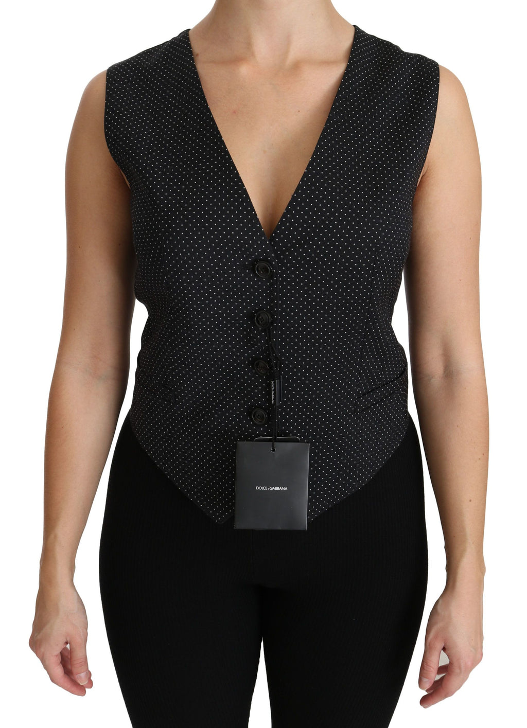 Chic black polka dot sleeveless wool blend vest