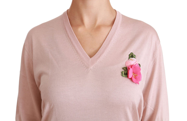 Dolce & Gabbana Rosa geblümter Seidenpullover mit V-Ausschnitt