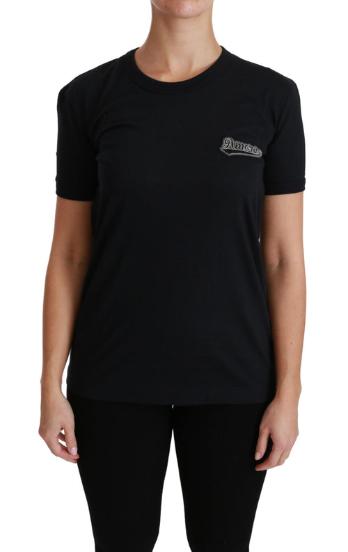 Blaues Amore Patch Baumwoll-T-Shirt mit Rundhalsausschnitt