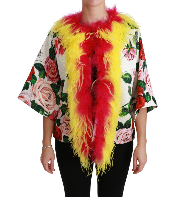 Elegante florale Cape-Jacke mit Pelzdetails