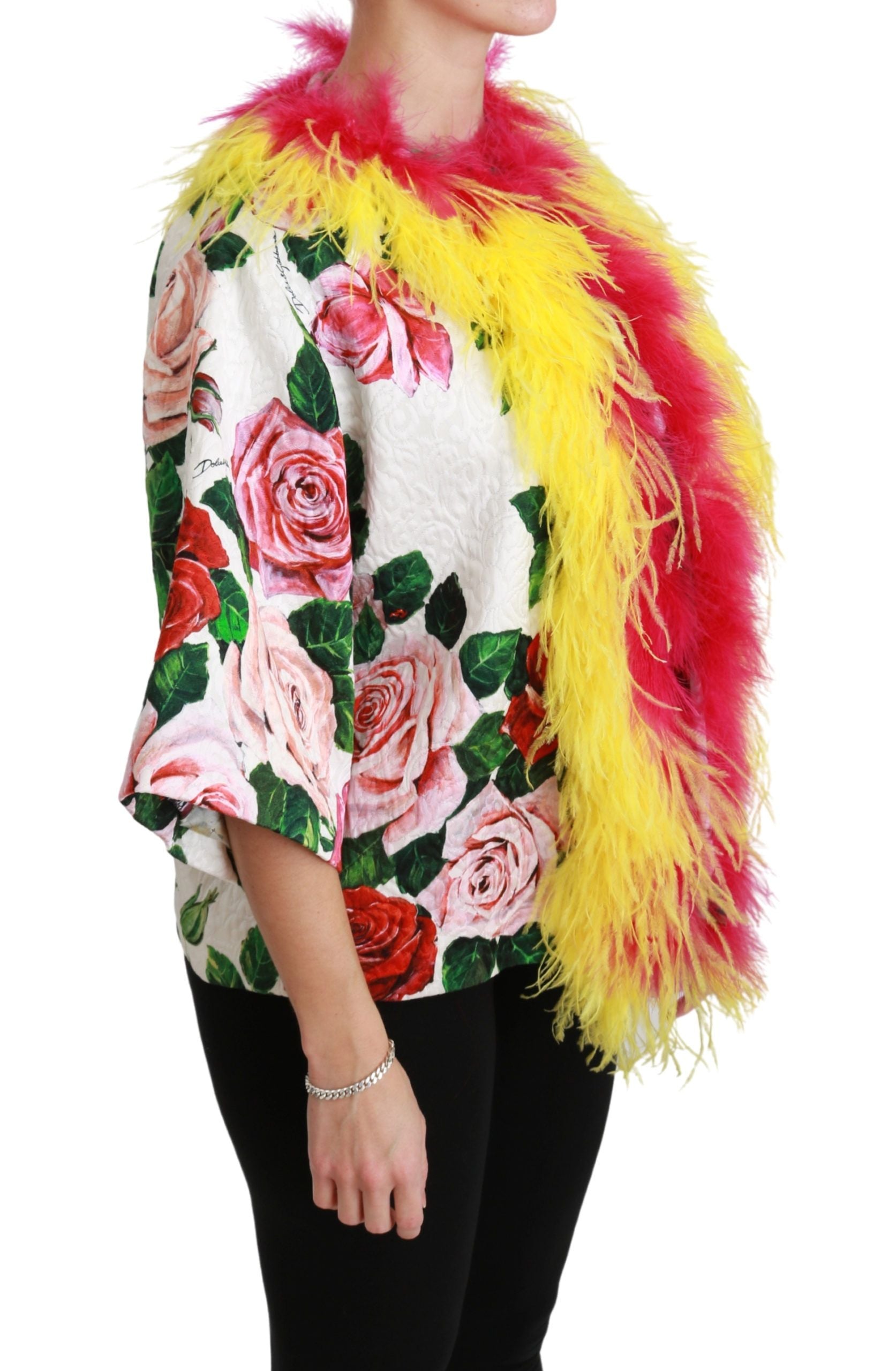 Elegant floral cape jacket with fur details